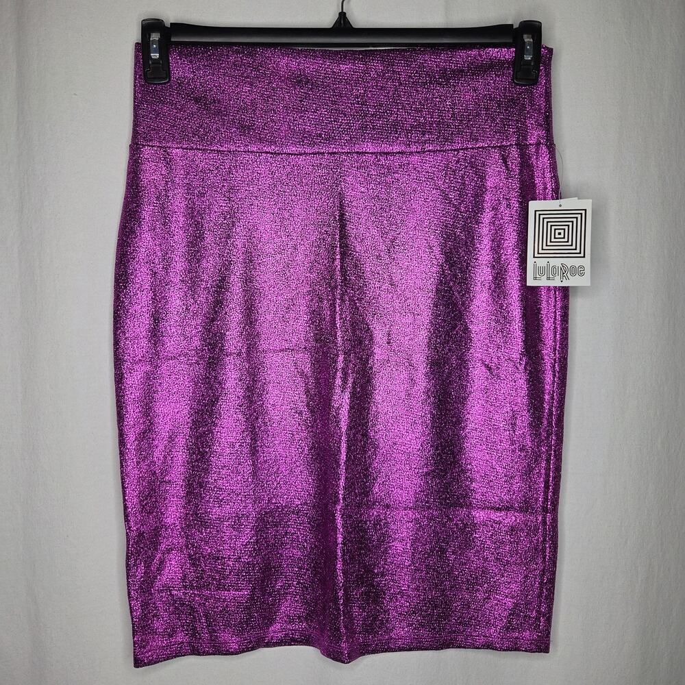LuLaRoe Elegant Cassie Pink Purple Holographic Metallic Pencil Skirt NEW XL